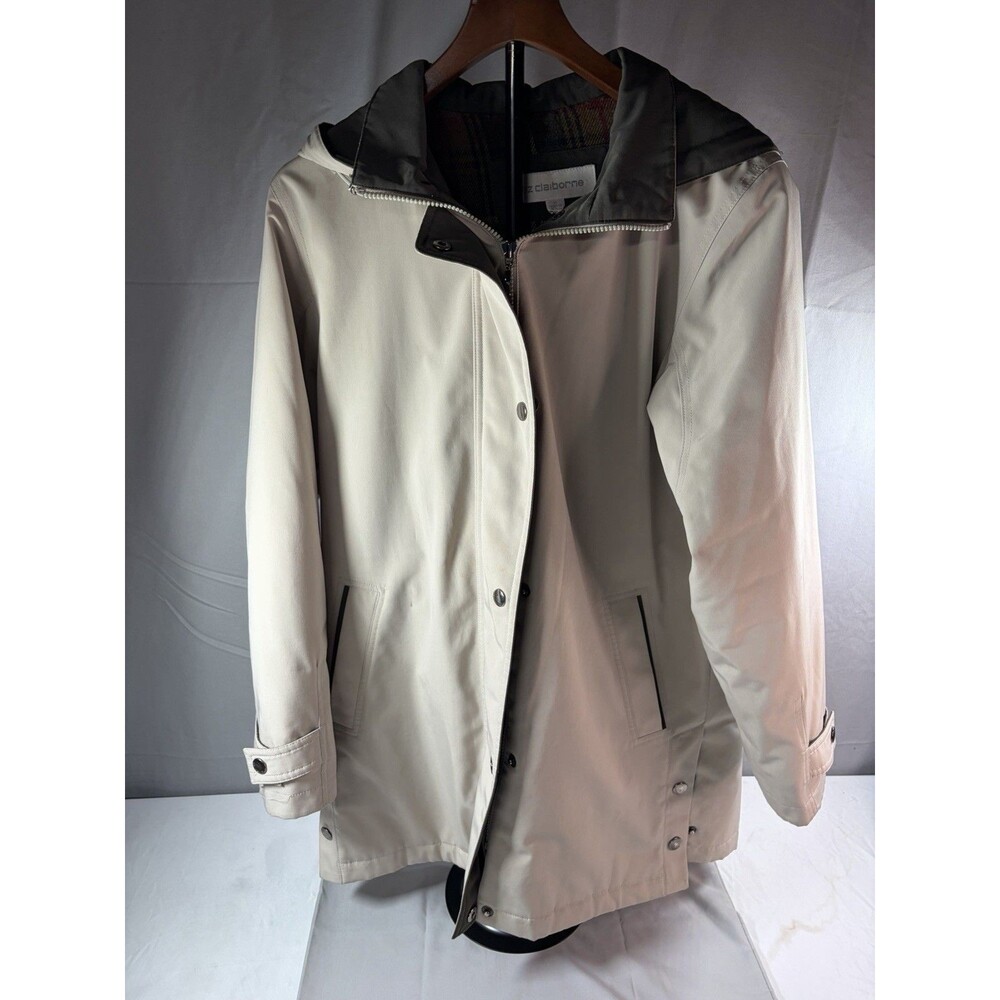 Liz Claiborne Beige Jacket Womens Small Plaid Lined Removable Hood Zip